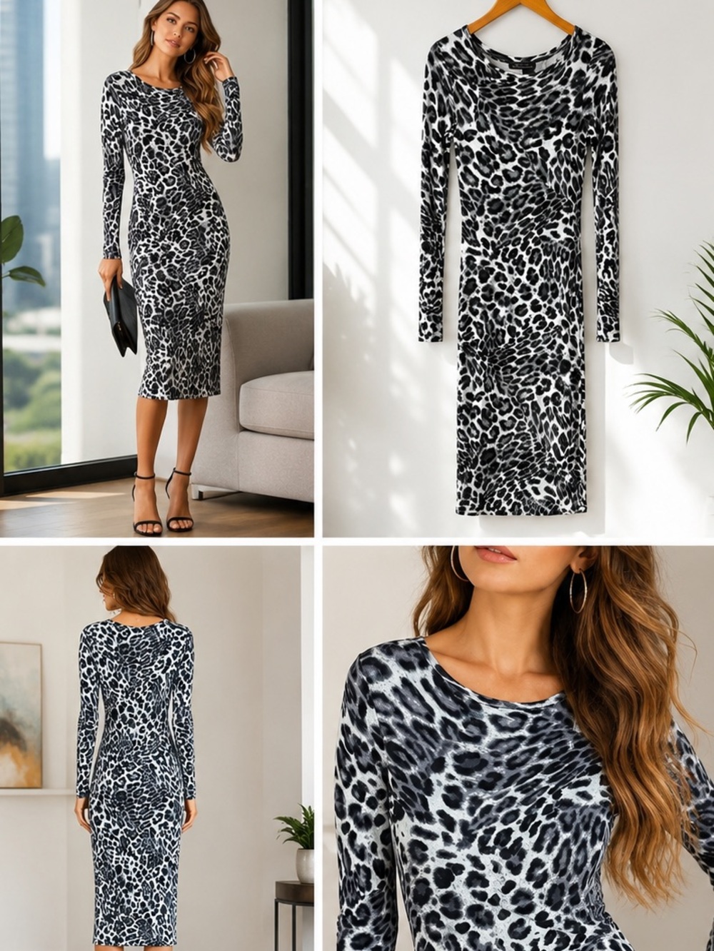 BCBG Max Azria Black/White Stretchy Lightweight Long-Sleeved Leopard-Print Dress